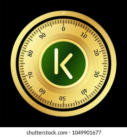KCash (KCASH) cryptocurrency safe lock. Eps10 vector illustration isolated on black background.
