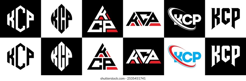 Design do logotipo da letra KCP em seis estilos. Polígono KCP, círculo, triângulo, hexágono, estilo simples e plano com logotipo de letra de variação de cor preta e branca definido em uma prancheta. Logotipo minimalista e clássico do KCP