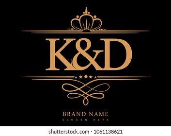 K&D Initial logo, Ampersand initial logo gold with crown and classic pattern