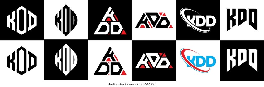 Design do logotipo da letra KDD em estilo seis. Polígono KDD, círculo, triângulo, hexágono, estilo simples e plano com logotipo de letra de variação de cor preta e branca definido em uma prancheta. Logotipo minimalista e clássico do KDD
