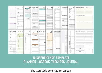 Paquete de diseño interior de KDP. Libro de bajo contenido: libro de registro, rastreador, planificador diario, diario, planificador de objetivos. Pasos 10