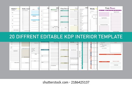 KDP Interior Design Paket. Niedrige Inhalte Buch-Log-Buch, Tracker, Tagesplaner, Zeitschrift, Goal-Planer. eps10