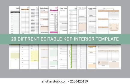 Paquete de diseño interior de KDP. Libro de bajo contenido: libro de registro, rastreador, planificador diario, diario, planificador de objetivos. Pasos 10