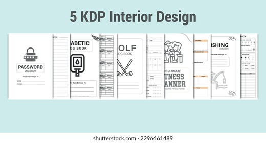 kdp interior design, password log book, golf log book, diabetic log book,  fitness planner, fishing log book