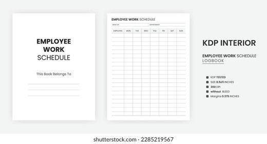 KDP Interior Employee Work Schedule Planner, A Billings Two Page in Us Letter Size on a White Background and the Daily Employee Work Schedule page with the Kindle Direct Publishing Interior Template