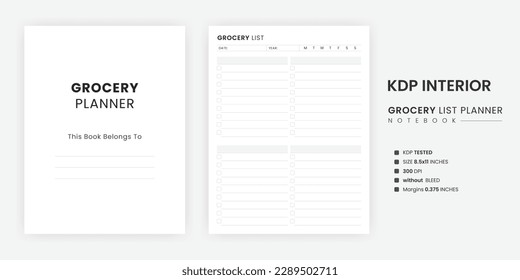 KDP Interior Grocery Planner List Notebook, A Billings Two Page in Us Letter Size on a White Background and the  Grocery Planner page with the Kindle Direct Publishing Interior Template