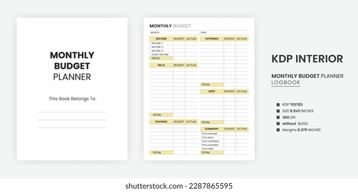 KDP Interior Monthly Budget Planner, A Billings Two Page in Us Letter Size on a White Background and the Monthly Budget worksheet page with the Kindle Direct Publishing Interior Template