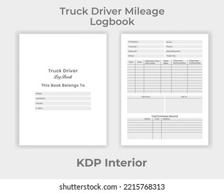 KDP Interior Truck Driver Mileage Logbook, Truck Driver Information Unique Design Template