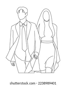 Kdrama couple walking and holding hands wearing beautiful clothes. kpop couple. vector illustration line art drawing.