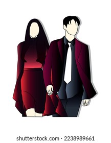 Kdrama couple walking and holding hands wearing beautiful clothes. kpop couple. vector illustration. colored line art image.