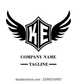 KE bold shield logo with wings, customizable with letters A to Z. Perfect for brands seeking a powerful symbol of strength, freedom, and ambition