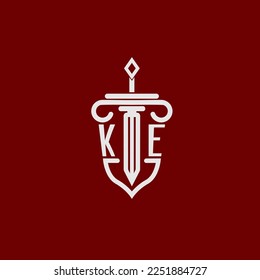 Diseño de monograma inicial del logotipo KE para abogado legal imagen vectorial con espada y escudo