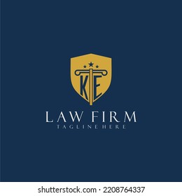 KE initial monogram lawfirm logo with pillar and shield design