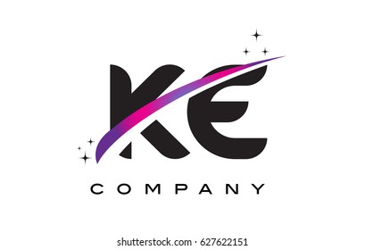 KE K E Black Letter Logo Design with Purple Magenta Swoosh and Stars.