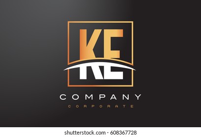 KE K E Golden Letter Logo Design with Swoosh and Rectangle Square Box Vector Design.