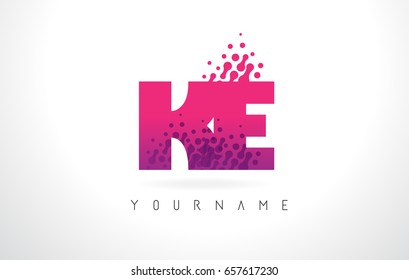 KE K E Letter Logo with Pink Letters and Purple Color Particles Dots Design.