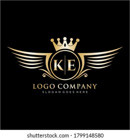 Letra KE inicial con plantilla de logotipo de ala real.