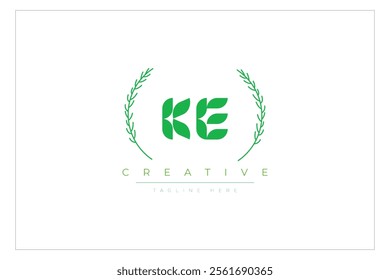 KE letters eco logo with leaf. Fresh nature and healthy leaf logo design.