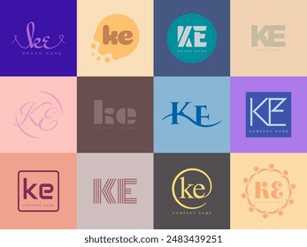 KE logo company template. Letter k and e logotype. Set different classic serif lettering and modern bold text with design elements. Initial font typography. Collection trendy business identity.