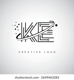 Logotipo de Monograma de Órbita KE - Marca de Letra Mínima Futurista com Linha de Arte Circular, Pontos Inspirados na Tecnologia e Conceito de Movimento Espacial para Identidade de Marca Moderna