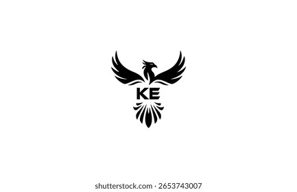 KE Phoenix Monogram Logo Black Eagle Emblem with Wings and Tail Feathers on White Background