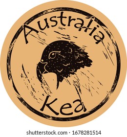 Kea bird silhouette icon round shabby emblem design old retro style. Predatory parrot hunting a sheep. New Zealand fauna. Kea parrot head logo mail stamp on craft paper vintage grunge sign.