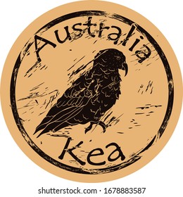 Kea bird silhouette icon round shabby emblem design old retro style. Predatory parrot hunting a sheep. New Zealand fauna. Kea parrot in full growth logo mail stamp on craft paper vintage grunge sign.