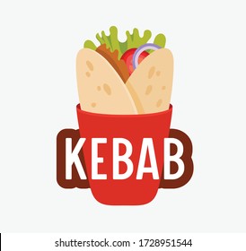 Kebab Banner, Meat Rolled in Pita Bread and Typography Isolated on White Background. Creative Badge with Vegetables in Pita. Fastfood Cafe, Doner Kebab Restaurant Icon, Badge. Vector Illustration