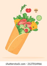 Kebab Banner, vegetables roll, Doner kebab, shawarma, Meat Rolled in Pita Bread. Appetizing poster.
Fast food Cafe, Doner Kebab Restaurant. Arabic, eastern food. Vector Illustration