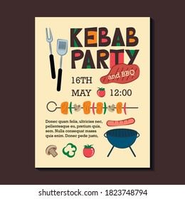 Kebab and bbq party invitation sample on dark background featuring barbecue and grill elements - tomato,bell pepper, champignon,sausage,barbecue maker, kitchen spatula, shish kebab,dispensing fork.