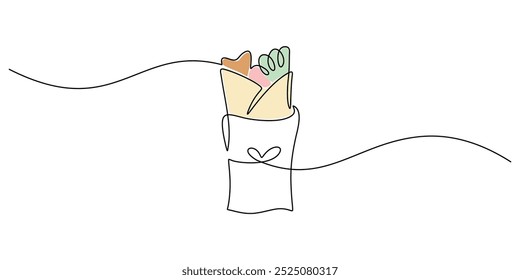 Kebab continuous one line drawing. Food of wrap Shawerma sandwich concept. Vector illustration minimalist background.
