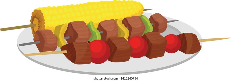 Kebab and corn on a skewer. Vector illustration on white background.