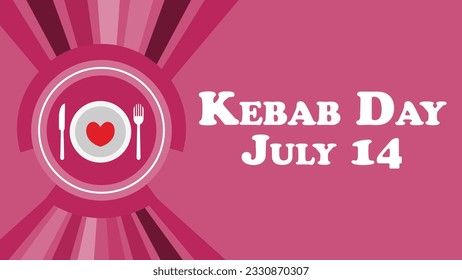 Kebab Day vector banner design with sun burst  background, plate fork and knife icons, heart shape and typography. Happy Kebab Day modern graphic poster illustration.