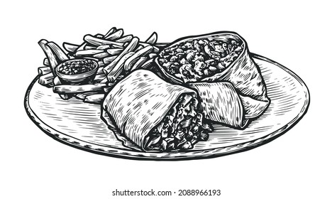 Kebab, doner food. Sketch of restaurant dish in vintage style