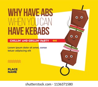 Kebab Eating Party Template for menu, poster, announcement. Vector illustration of kebab character. Eps 10