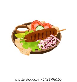 Kebab con verduras frescas y salsa vectorial ilustración. Comida árabe.