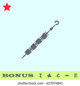 Kebab icon flat. Grey pictogram on blue background. Vector illustration symbol and bonus buttons medal, cow, earth, eye, calculator