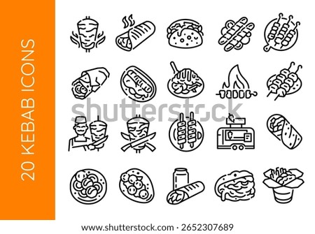 Kebab icons. Set of 20 kebab trendy minimal icons. Example: Doner, Shawarma, Skewers, Wrap, Grill icon. Design signs for web page, mobile app, packaging design. Vector illustration