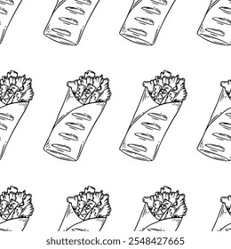 Kebab Illustration Pattern. shawarma pattern background. burrito pattern background. Rolled Sandwich doodle illustration