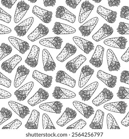 Kebab Illustration Pattern. shawarma pattern background. burrito pattern background. Rolled Sandwich doodle illustration