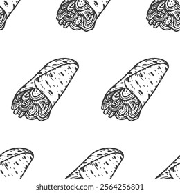 Kebab Illustration Pattern. shawarma pattern background. burrito pattern background. Rolled Sandwich doodle illustration