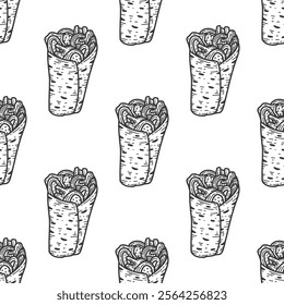 Kebab Illustration Pattern. shawarma pattern background. burrito pattern background. Rolled Sandwich doodle illustration