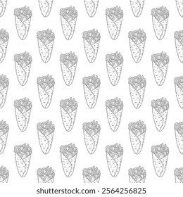 Kebab Illustration Pattern. shawarma pattern background. burrito pattern background. Rolled Sandwich doodle illustration