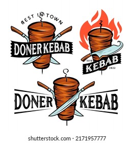 Kebab logo. Turkish food restaurant, barbecue or grill bar, shawarma emblem. Rotating spit with grilled meat symbol