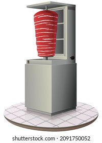 Kebab machine on a tiled floor with a skewer of raw meat before cooking (cut out)
