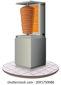 Kebab machine in operation on a tiled floor with a skewer of meats being cooked (cut out)