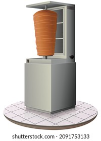 Kebab maker on a tiled floor with a skewer of cooked meats after cooking