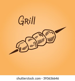 Kebab meat. Grill object. Food icon. Meat illustration. Retro style