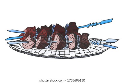 kebab meat on a plate. food doodle sketch vector stock