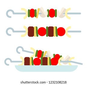 Kebab of meat and vegetables impaled on skewers and in a plate vector flat icon isolated on white